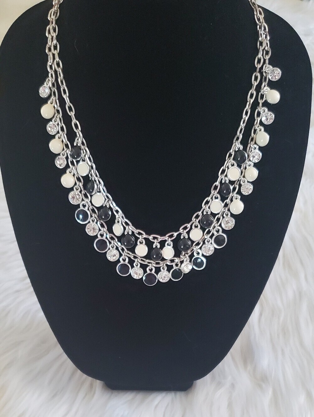 White House Black Market Layered Black Cream Crystal Charm Statement Necklace